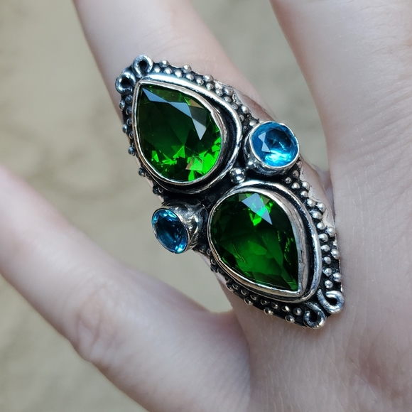 New Chrome Diopside and Blue Topaz 925 Silver Statement Ring. - Picture 6 of 16